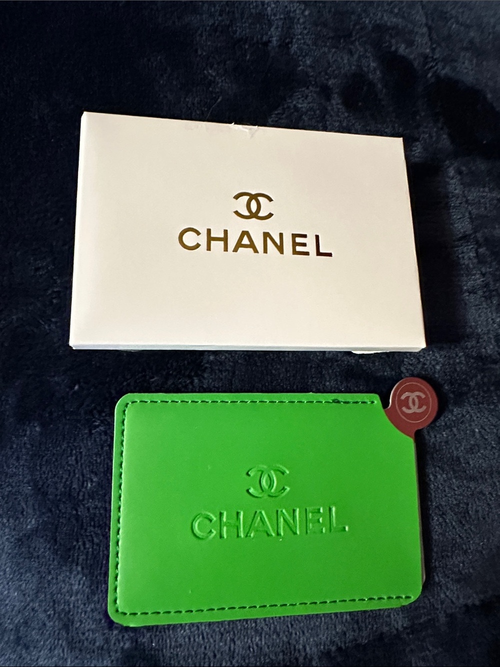 CHANEL Bright Green Embossed Card Case and Mirror